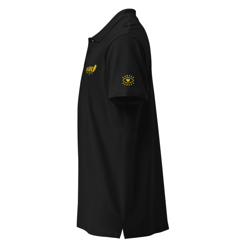 Black polo shirt with yellow logos on a white background