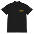 Black polo shirt with yellow logo on a white background